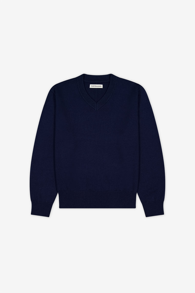Knitted V-Neck - Navy Merino | Porter James